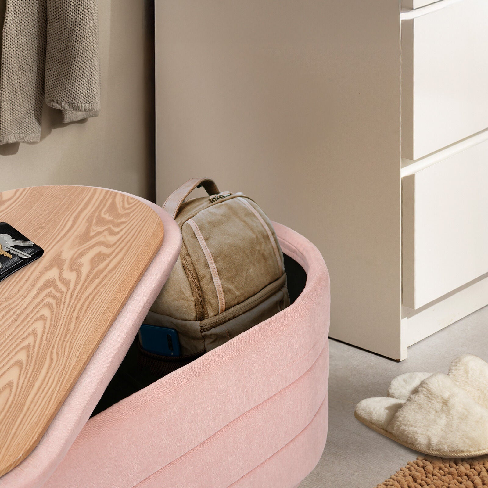Ottomans & Footstools: Coffee Table Storage Ottoman - Chenille Fabic Padded Blanket Box Bench CELIA - PINK
