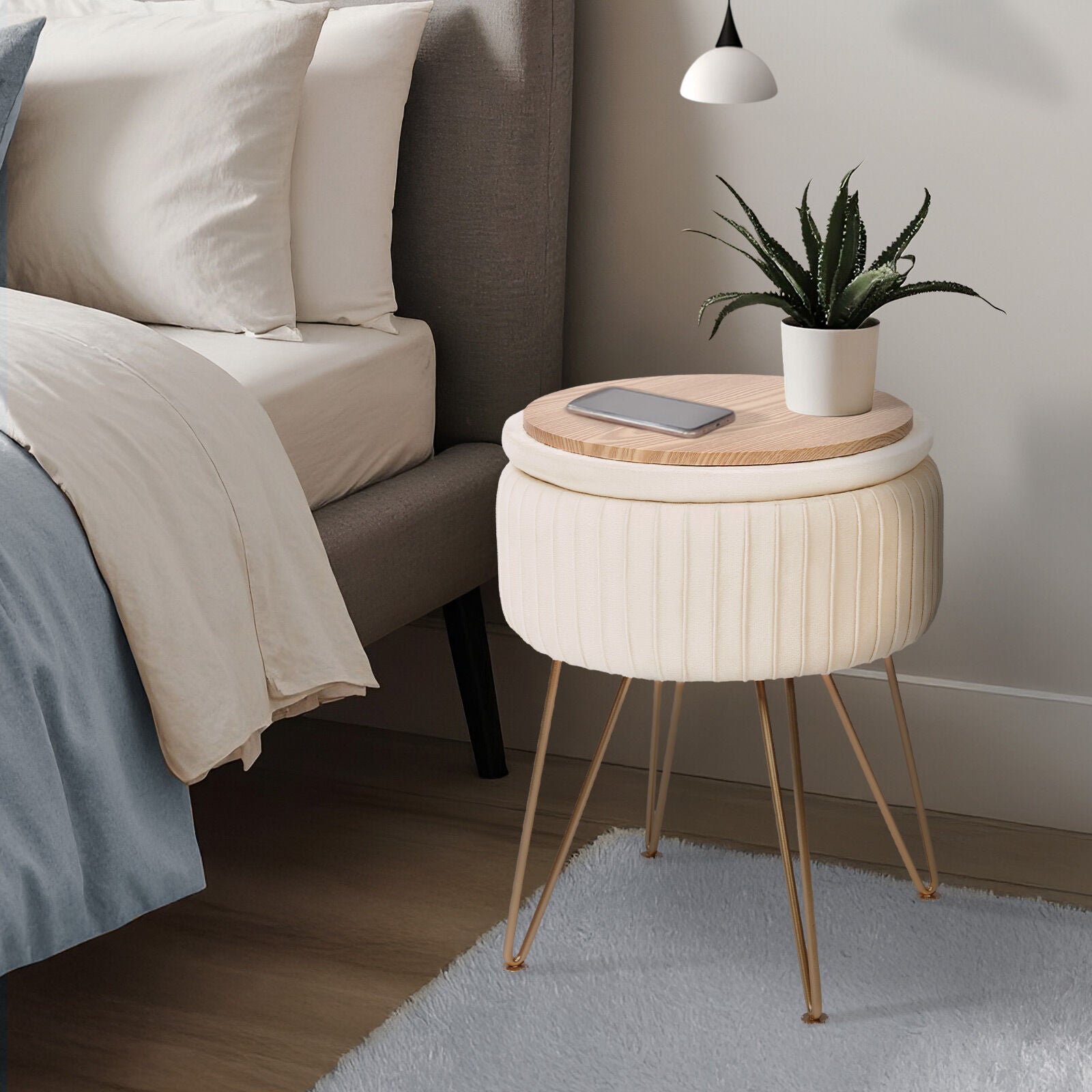 Ottomans & Footstools: Side Table Storage Ottoman - Velvet Padded Stool Vanity Footstool REMY CREAM BEIGE