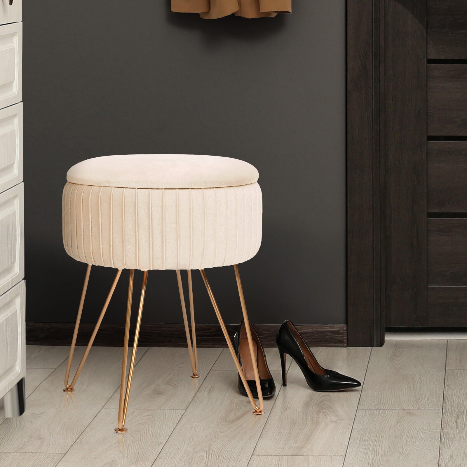 Ottomans & Footstools: Side Table Storage Ottoman - Velvet Padded Stool Vanity Footstool REMY CREAM BEIGE