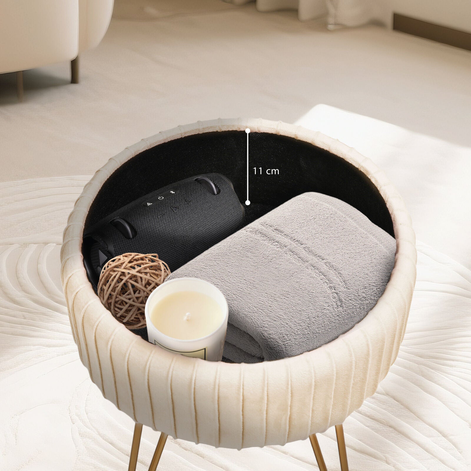 Ottomans & Footstools: Side Table Storage Ottoman - Velvet Padded Stool Vanity Footstool REMY CREAM BEIGE