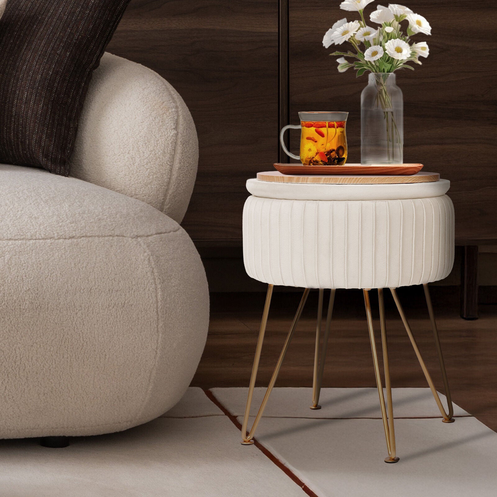 Ottomans & Footstools: Side Table Storage Ottoman - Velvet Padded Stool Vanity Footstool REMY CREAM BEIGE