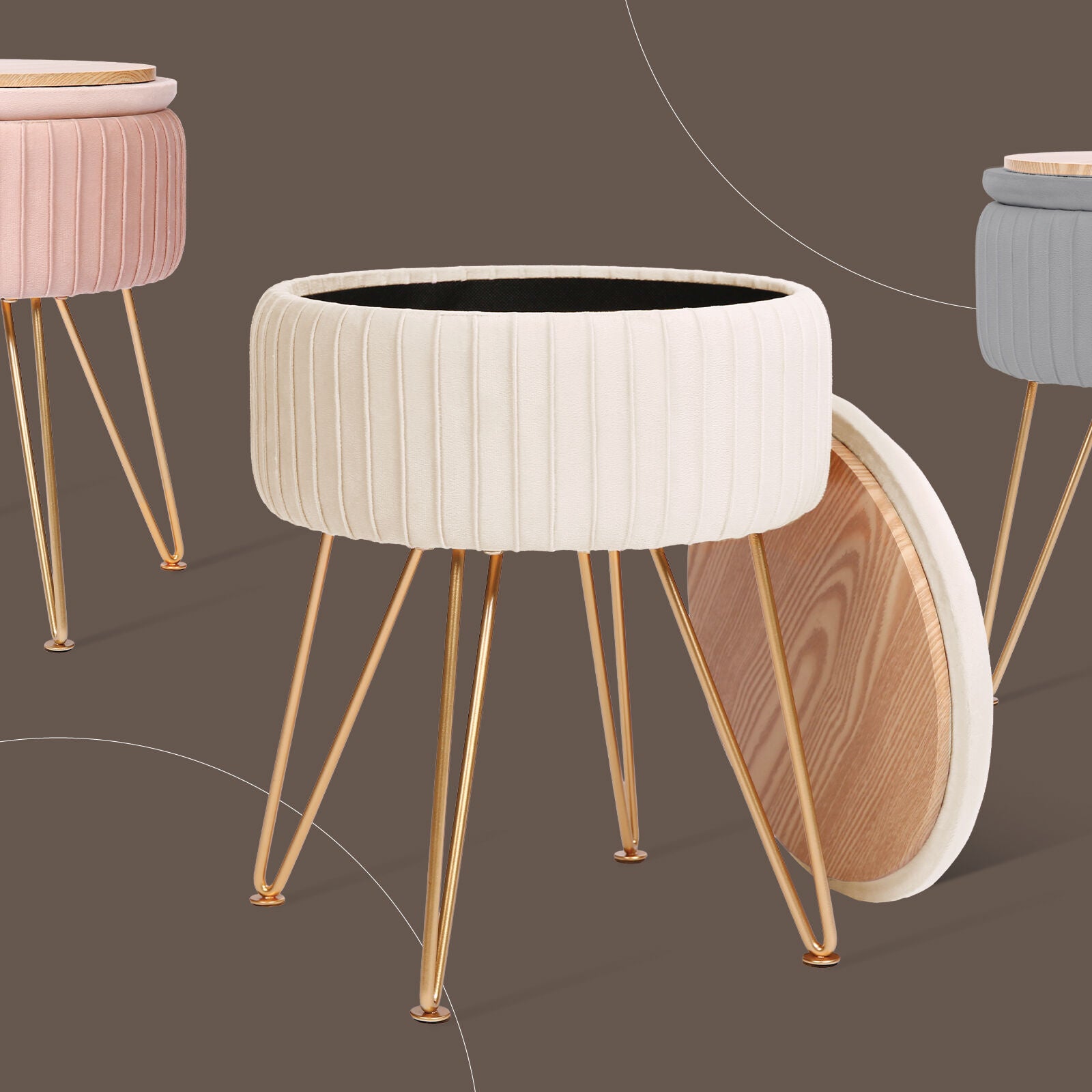 Ottomans & Footstools: Side Table Storage Ottoman - Velvet Padded Stool Vanity Footstool REMY CREAM BEIGE