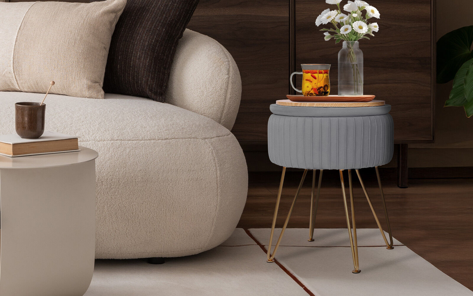 Ottomans & Footstools: Side Table Storage Ottoman - Velvet Padded Stool Vanity Footstool REMY GREY