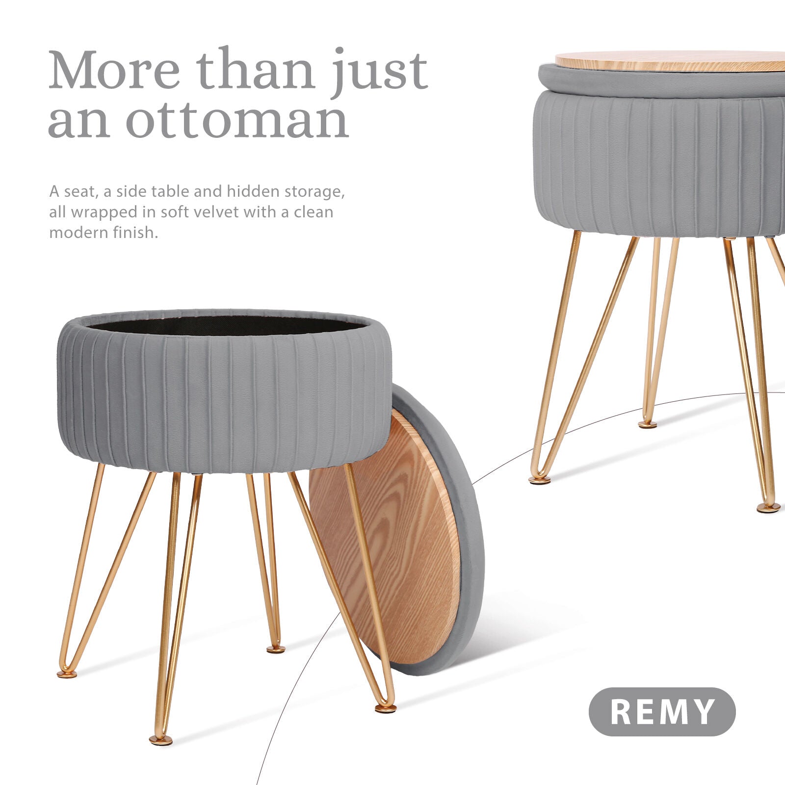 Ottomans & Footstools: Side Table Storage Ottoman - Velvet Padded Stool Vanity Footstool REMY GREY