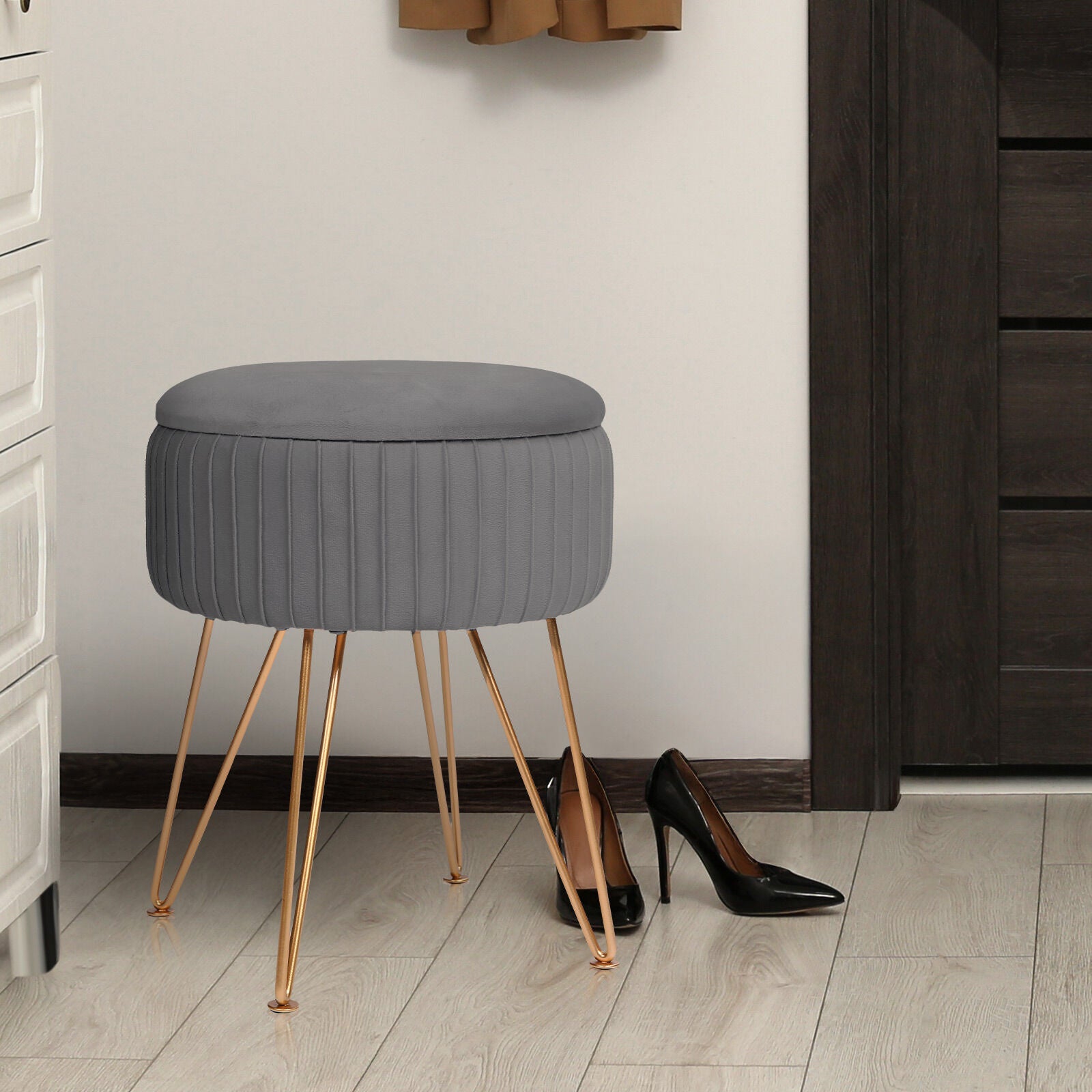 Ottomans & Footstools: Side Table Storage Ottoman - Velvet Padded Stool Vanity Footstool REMY GREY