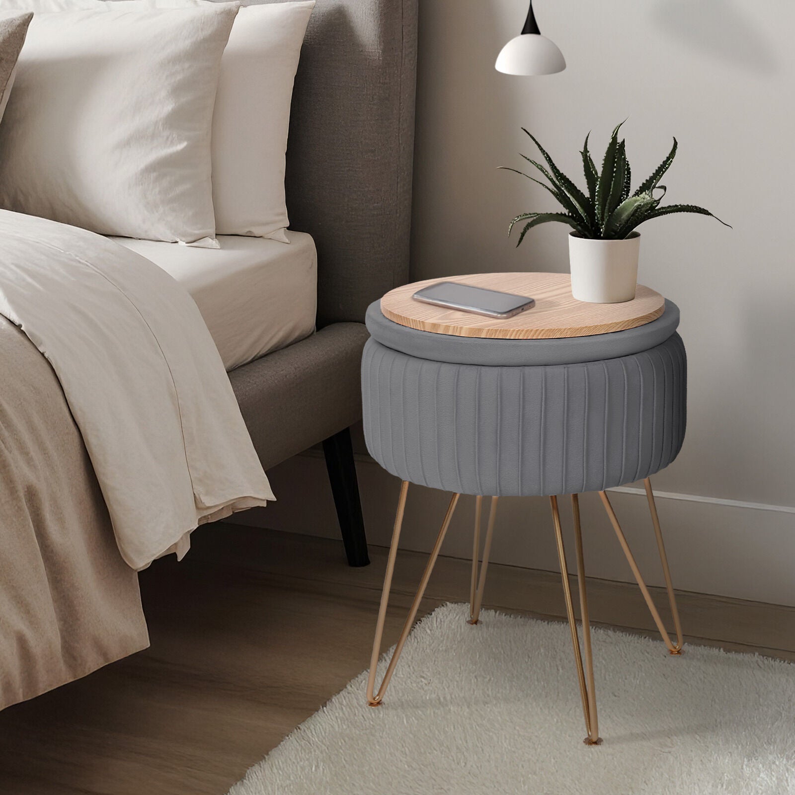 Ottomans & Footstools: Side Table Storage Ottoman - Velvet Padded Stool Vanity Footstool REMY GREY