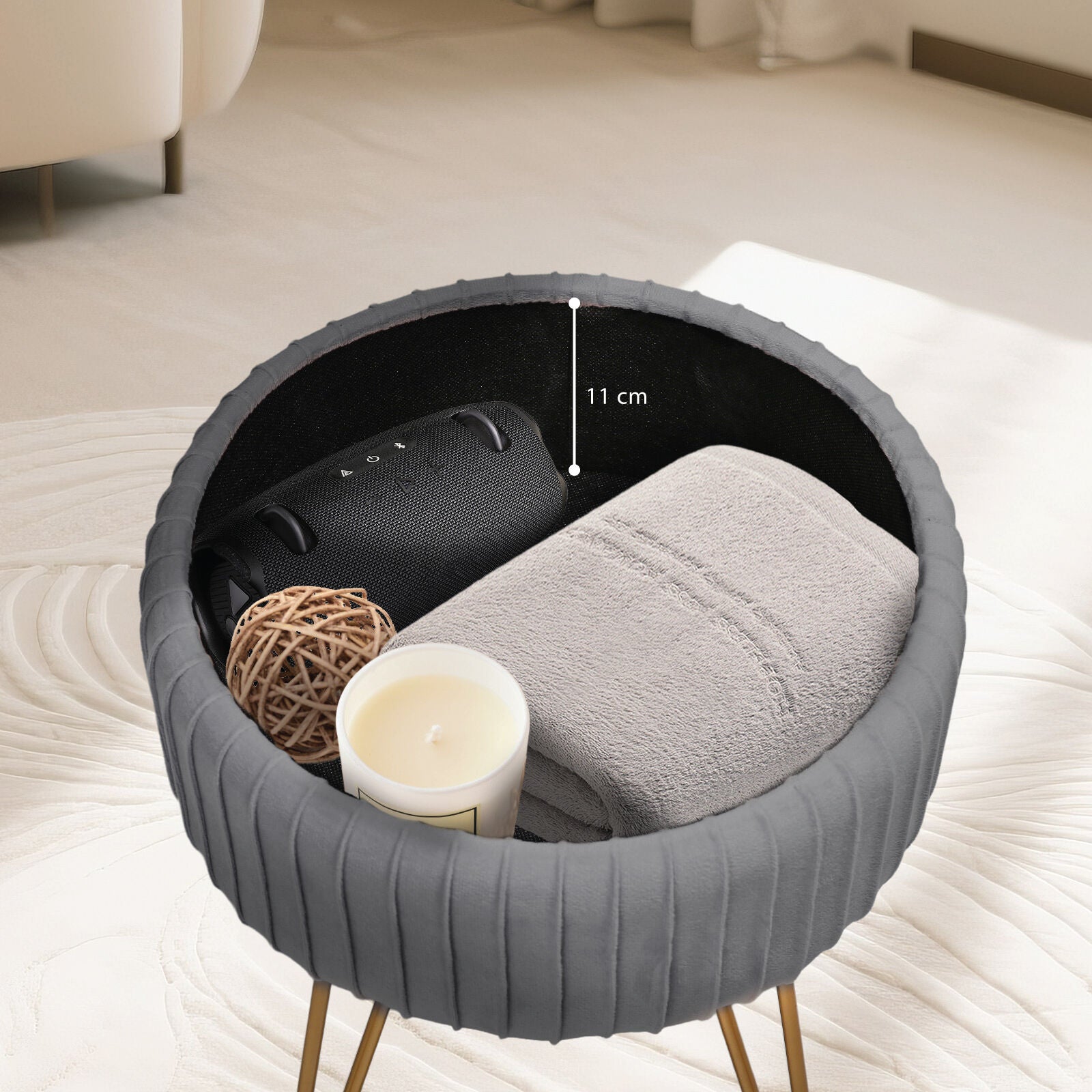 Ottomans & Footstools: Side Table Storage Ottoman - Velvet Padded Stool Vanity Footstool REMY GREY