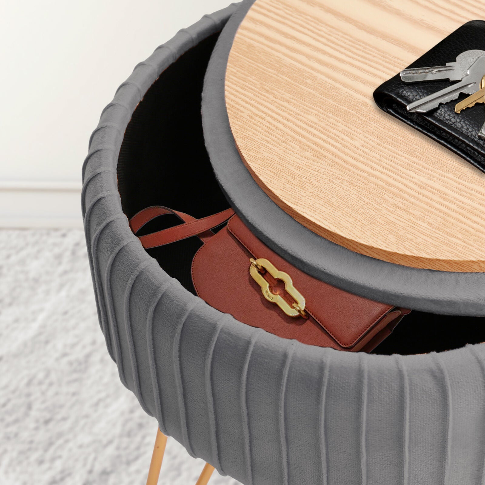 Ottomans & Footstools: Side Table Storage Ottoman - Velvet Padded Stool Vanity Footstool REMY GREY