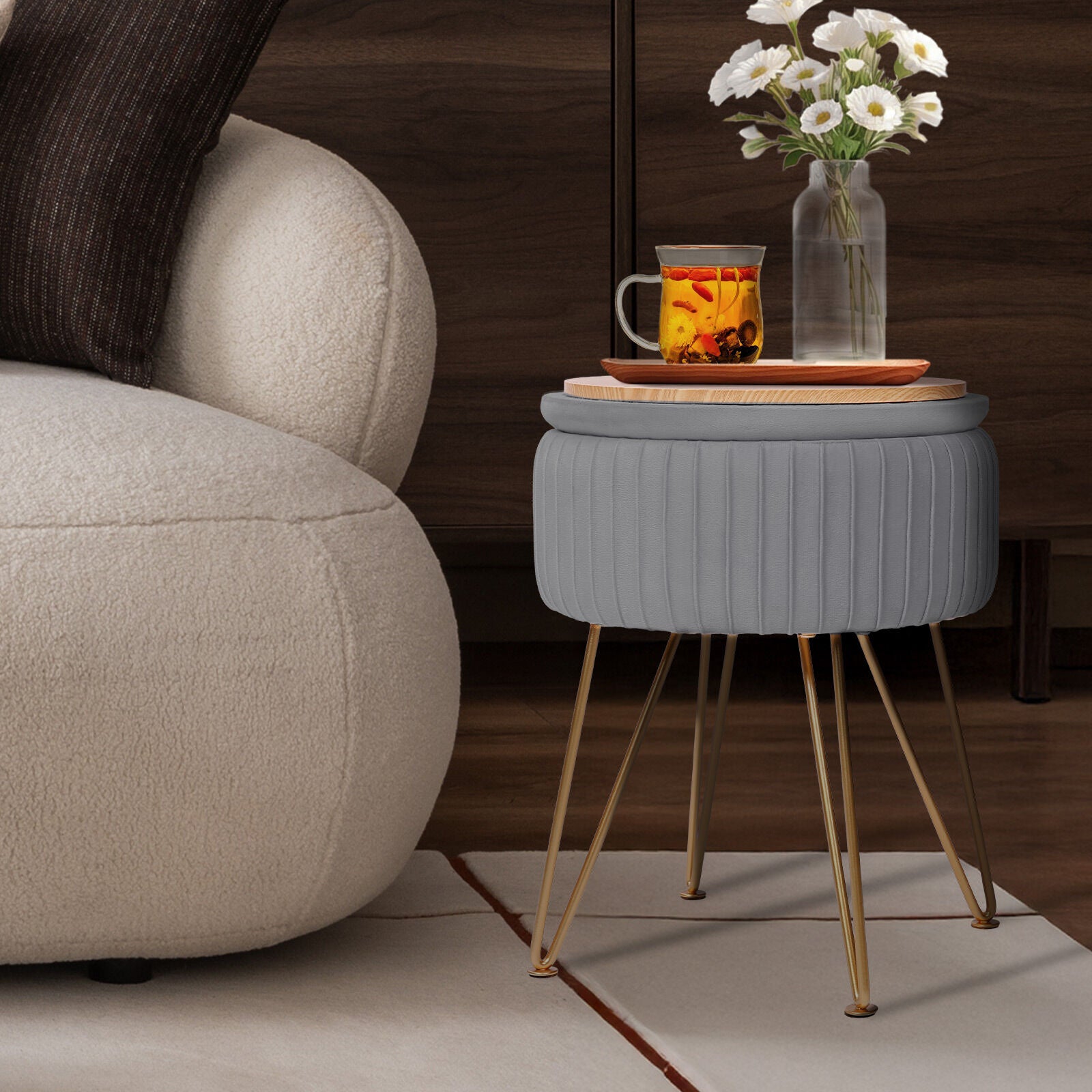 Ottomans & Footstools: Side Table Storage Ottoman - Velvet Padded Stool Vanity Footstool REMY GREY