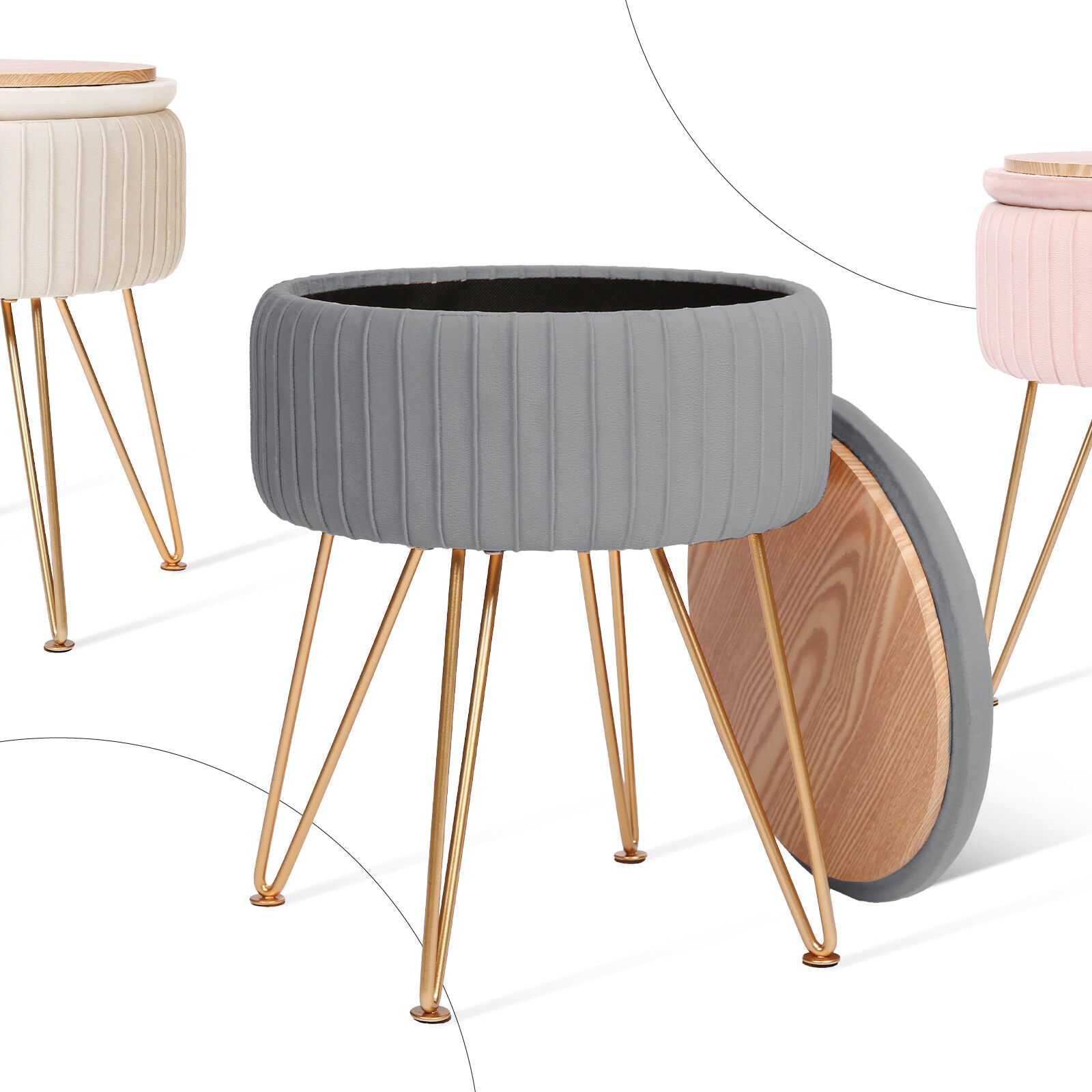 Ottomans & Footstools: Side Table Storage Ottoman - Velvet Padded Stool Vanity Footstool REMY GREY