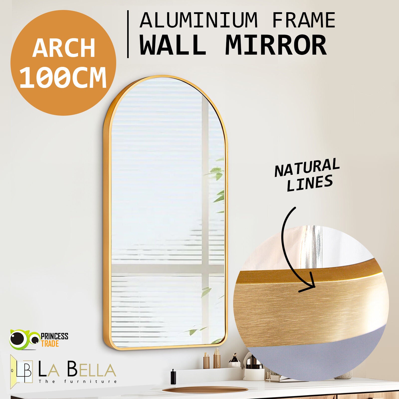 Mirrors: Wall Arch Mirror Arc Aluminum Frame Bathroom 50x100cm GOLD