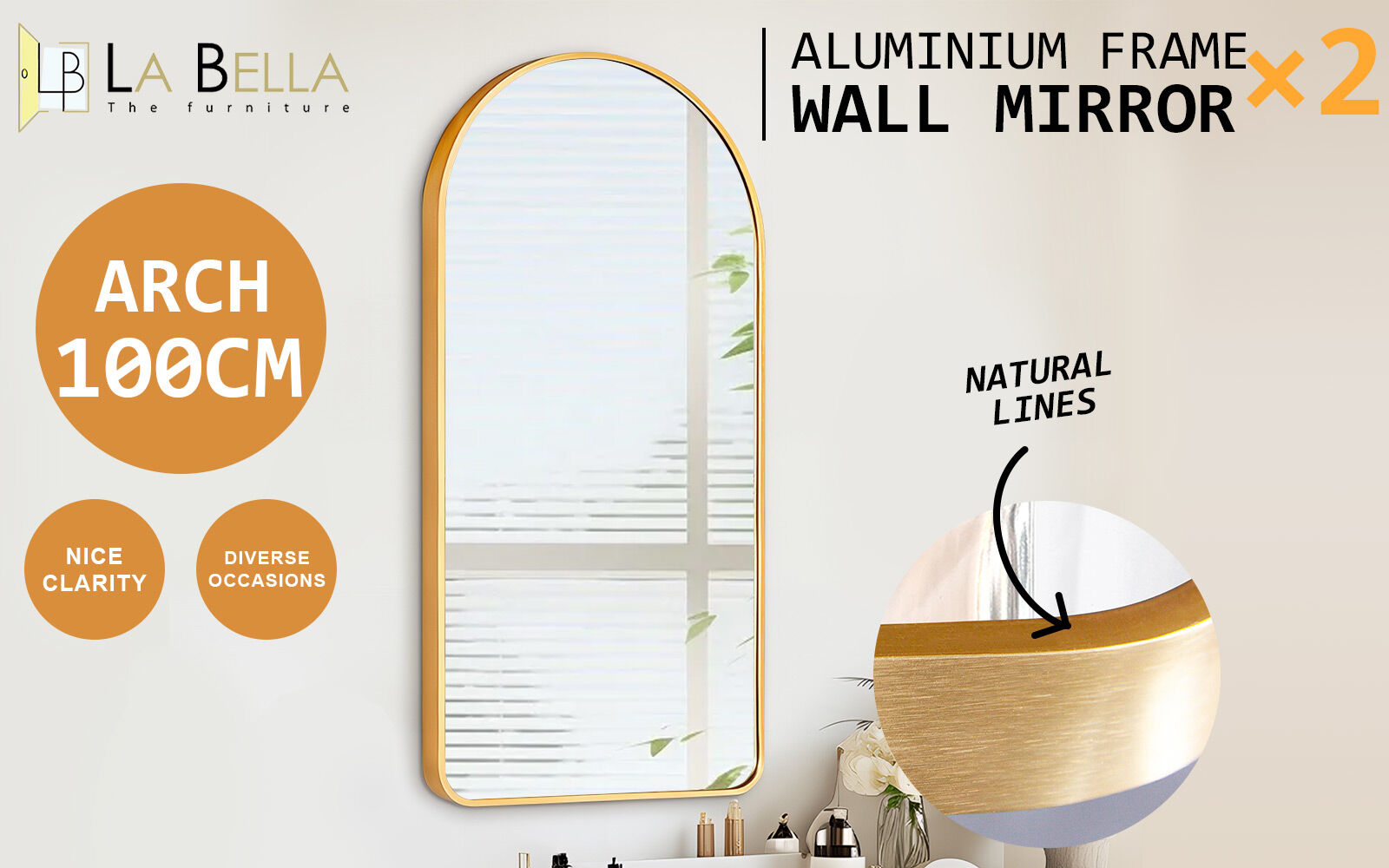 Mirrors: 2 Set Wall Arch Mirror Arc Aluminum Frame Bathroom 50x100cm GOLD