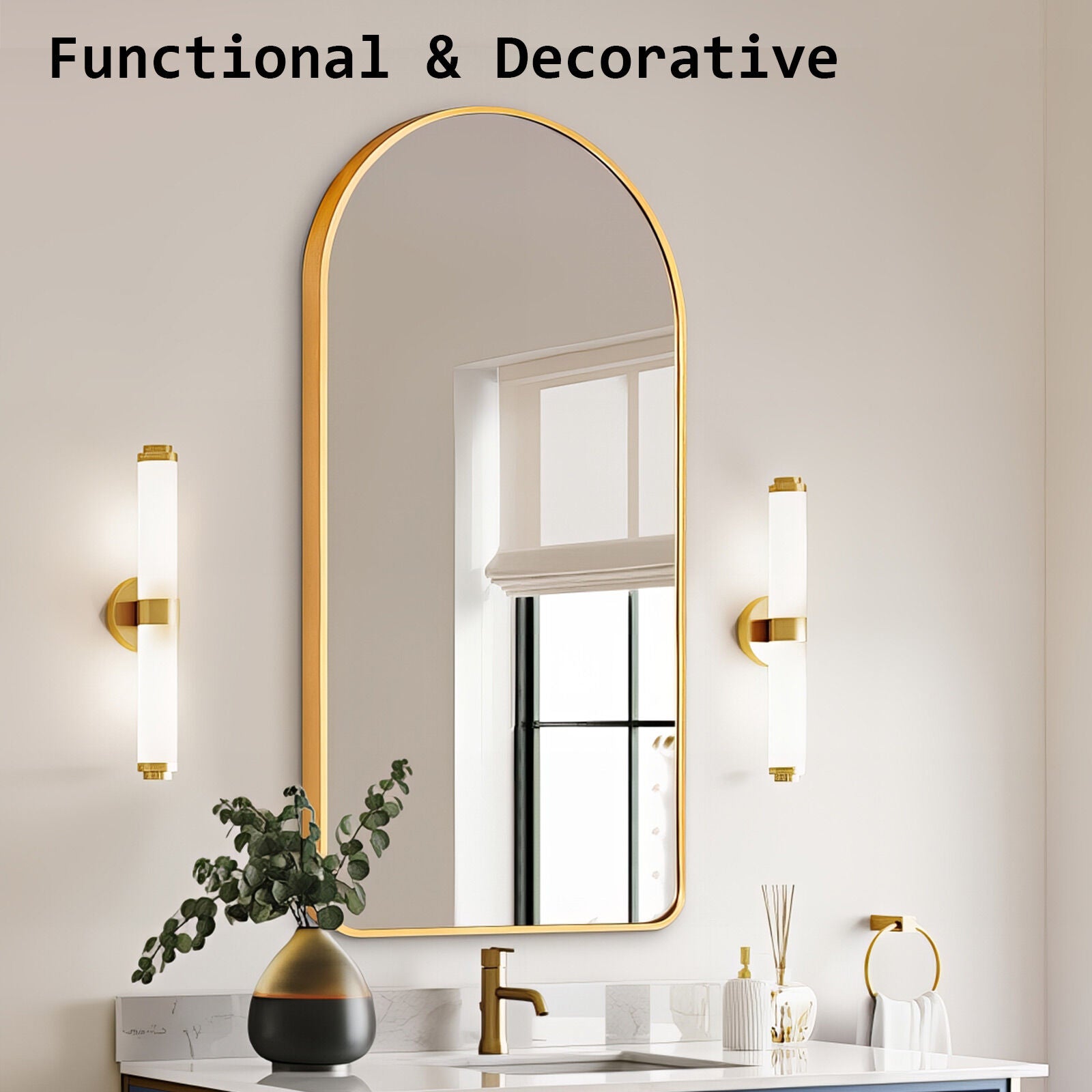 Mirrors: 2 Set Wall Arch Mirror Arc Aluminum Frame Bathroom 50x100cm GOLD