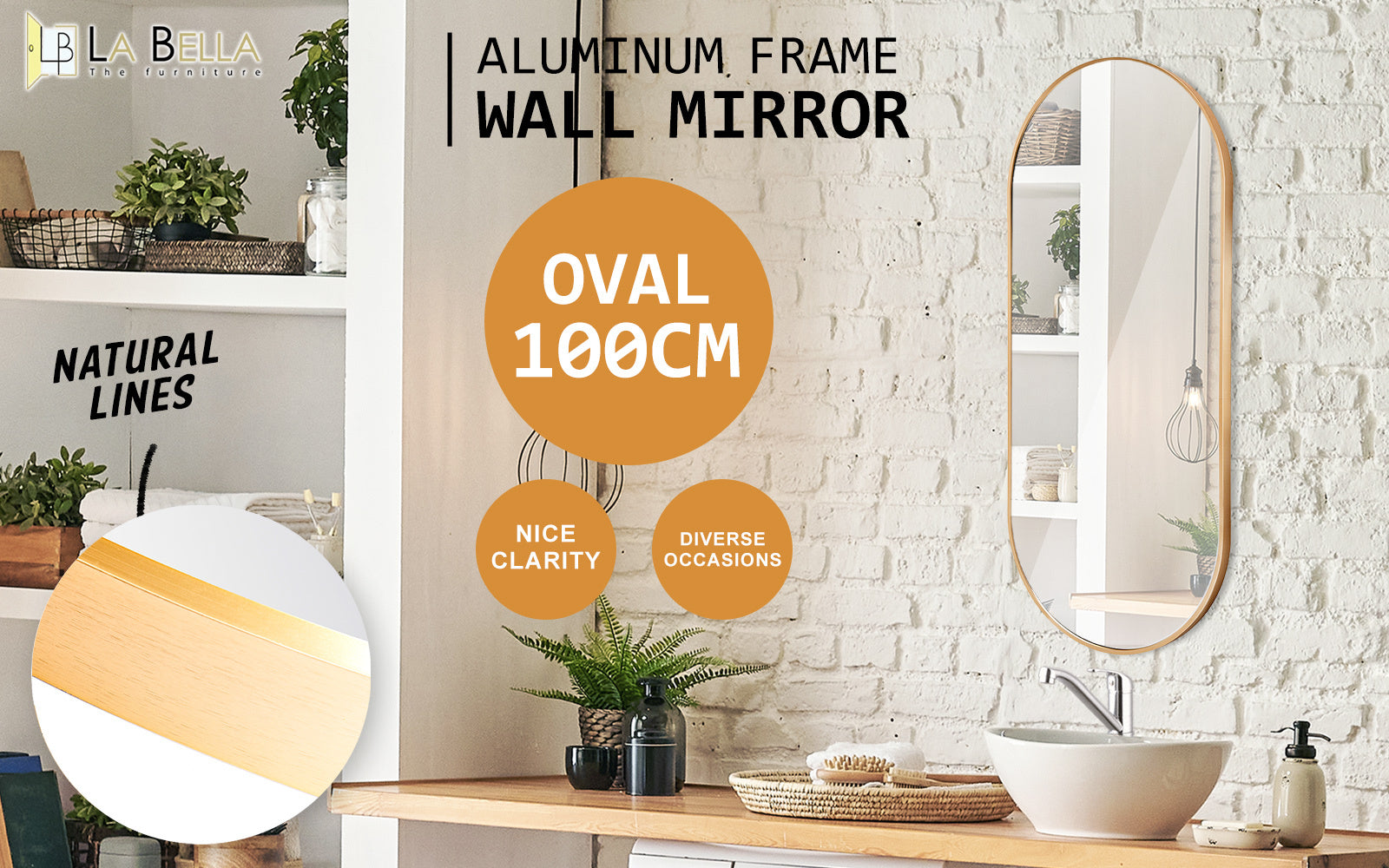 Mirrors: Wall Mirror Oval Aluminum Frame Bathroom 45x100cm GOLD