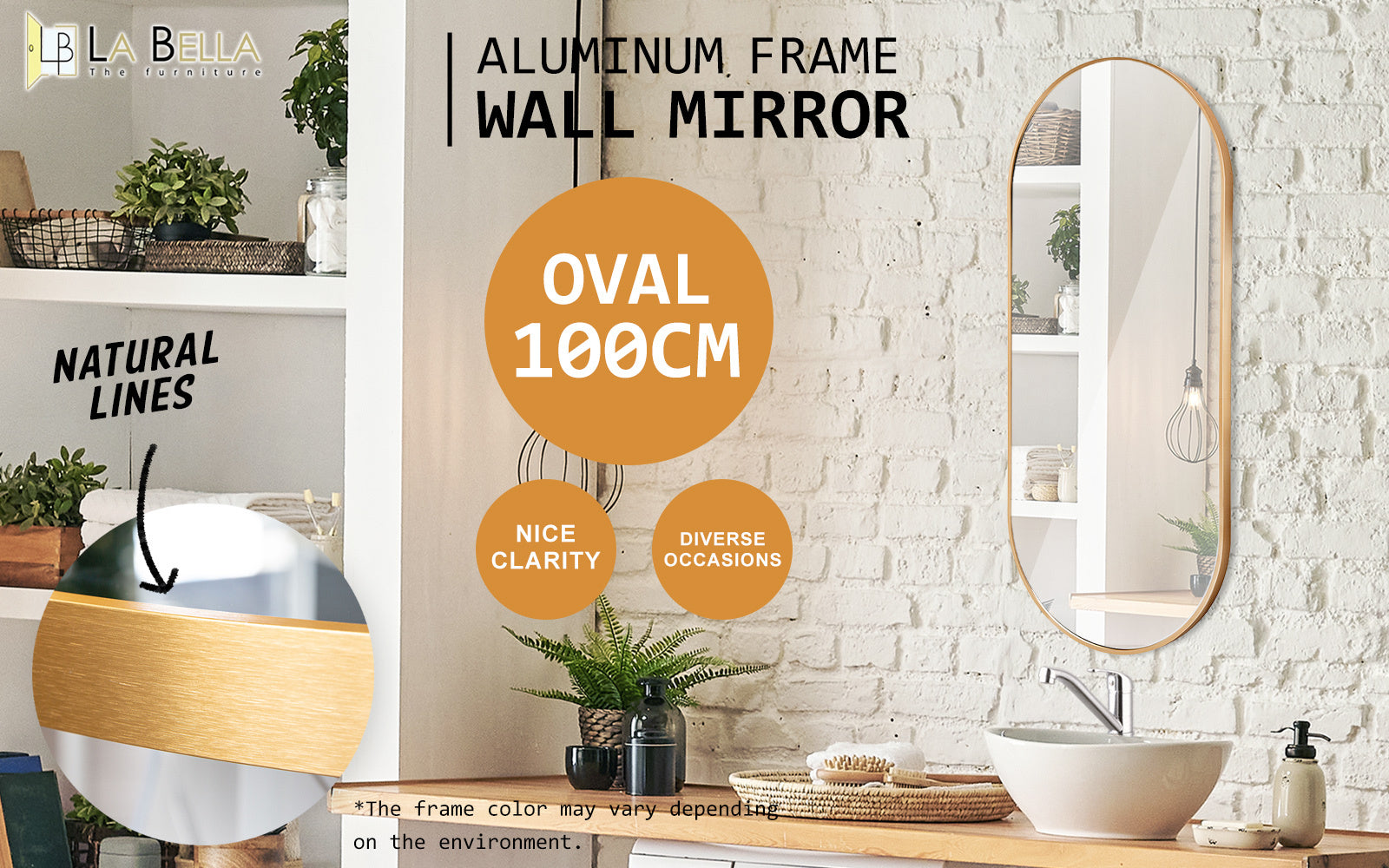 Mirrors: 2 Set Wall Mirror Oval Aluminum Frame Bathroom 45x100cm GOLD