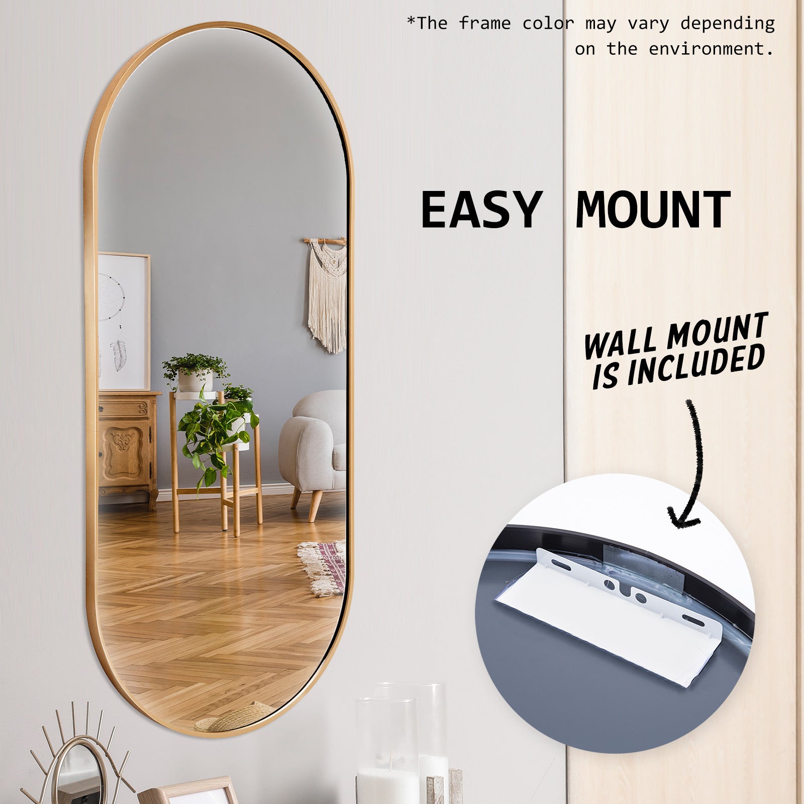 Mirrors: 2 Set Wall Mirror Oval Aluminum Frame Bathroom 45x100cm GOLD