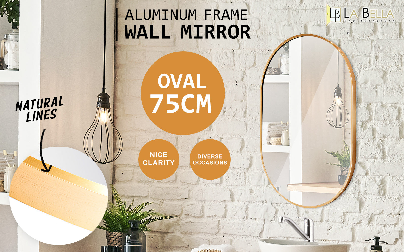 Mirrors: Wall Mirror Oval Aluminum Frame Bathroom 50x75cm GOLD