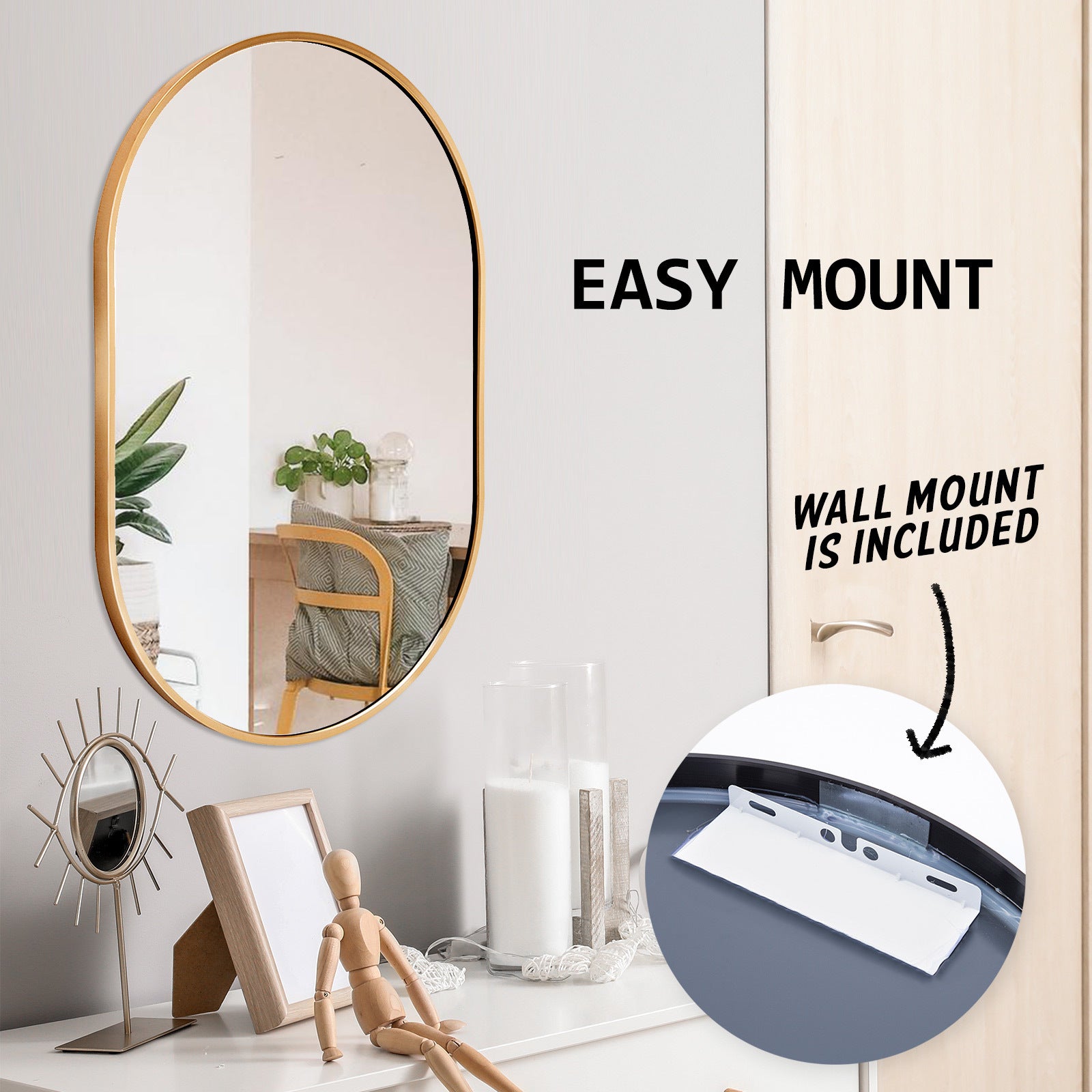 Mirrors: Wall Mirror Oval Aluminum Frame Bathroom 50x75cm GOLD