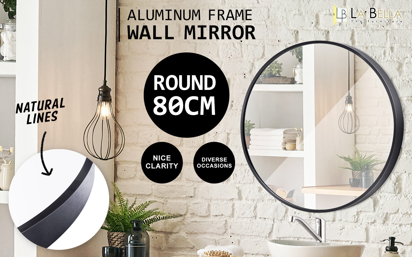 Mirrors: Wall Mirror Round Aluminum Frame Bathroom 80cm BLACK