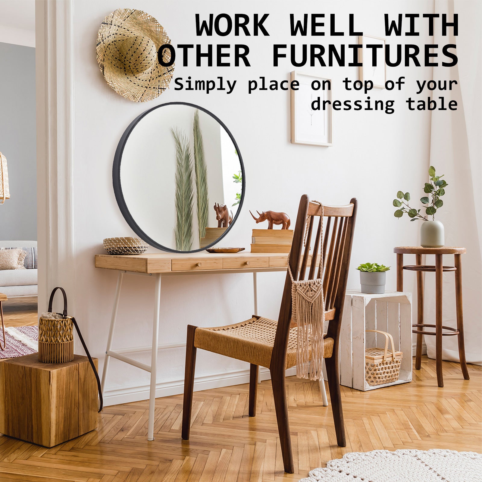 Mirrors: Wall Mirror Round Aluminum Frame Bathroom 80cm BLACK