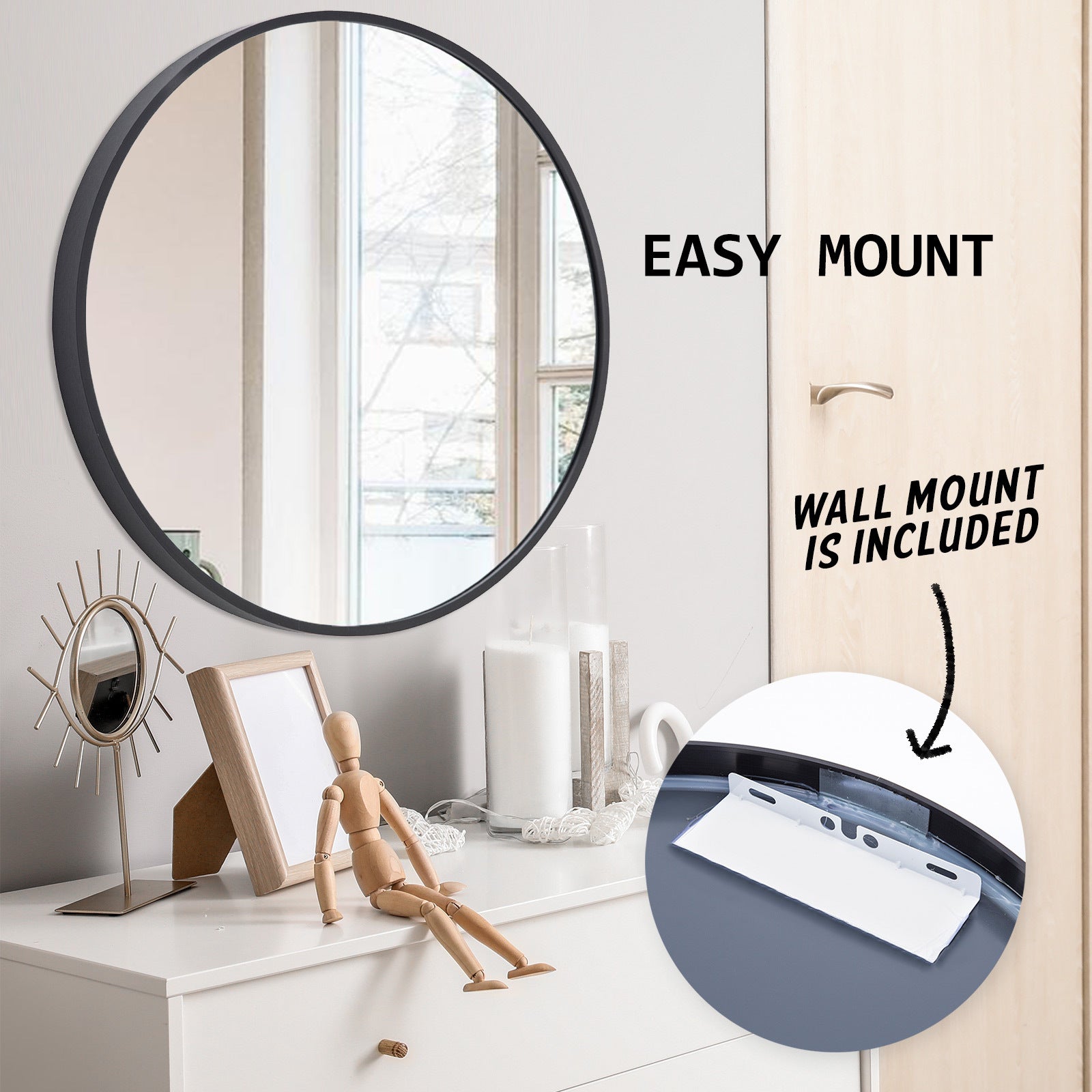 Mirrors: Wall Mirror Round Aluminum Frame Bathroom 80cm BLACK