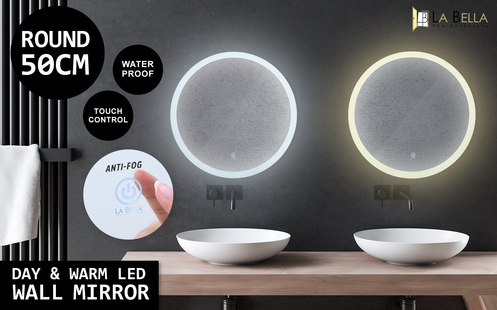 Mirrors: LED Wall Mirror Round Anti-Fog Bathroom 50cm