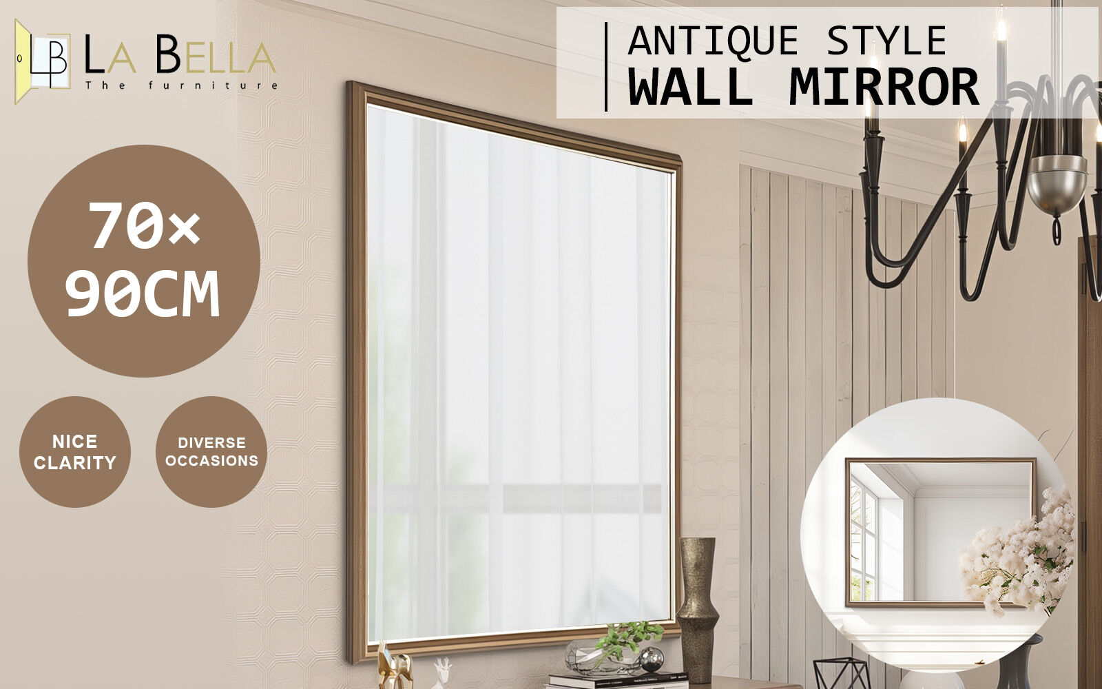 Mirrors: Wall Mirror Rectangular Frame Bathroom 70x90cm Antique Brown