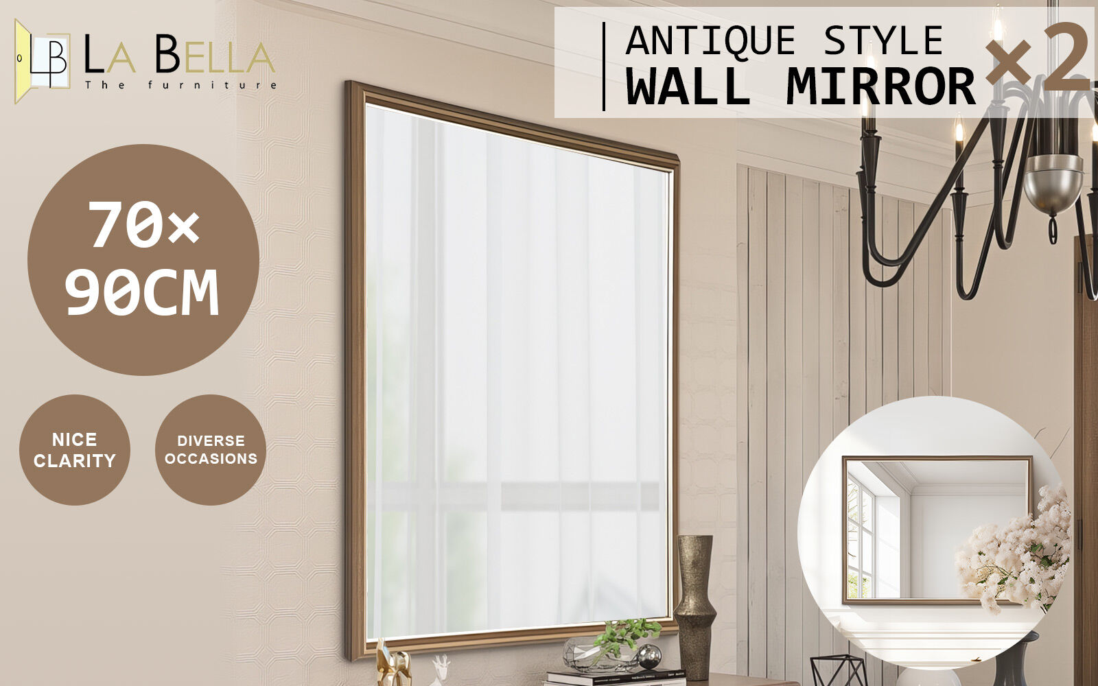 Mirrors: 2 Set Wall Mirror Rectangular Frame Bathroom 70x90cm Antique Brown