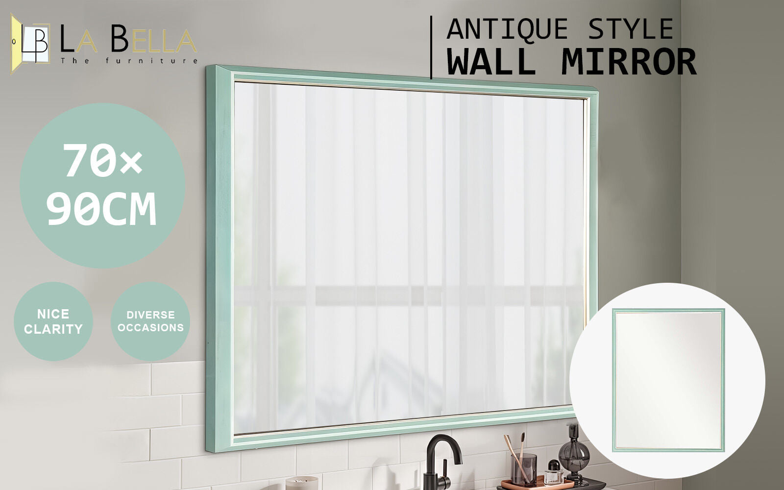 Mirrors: Wall Mirror Rectangular Frame Bathroom 70x90cm Turquoise