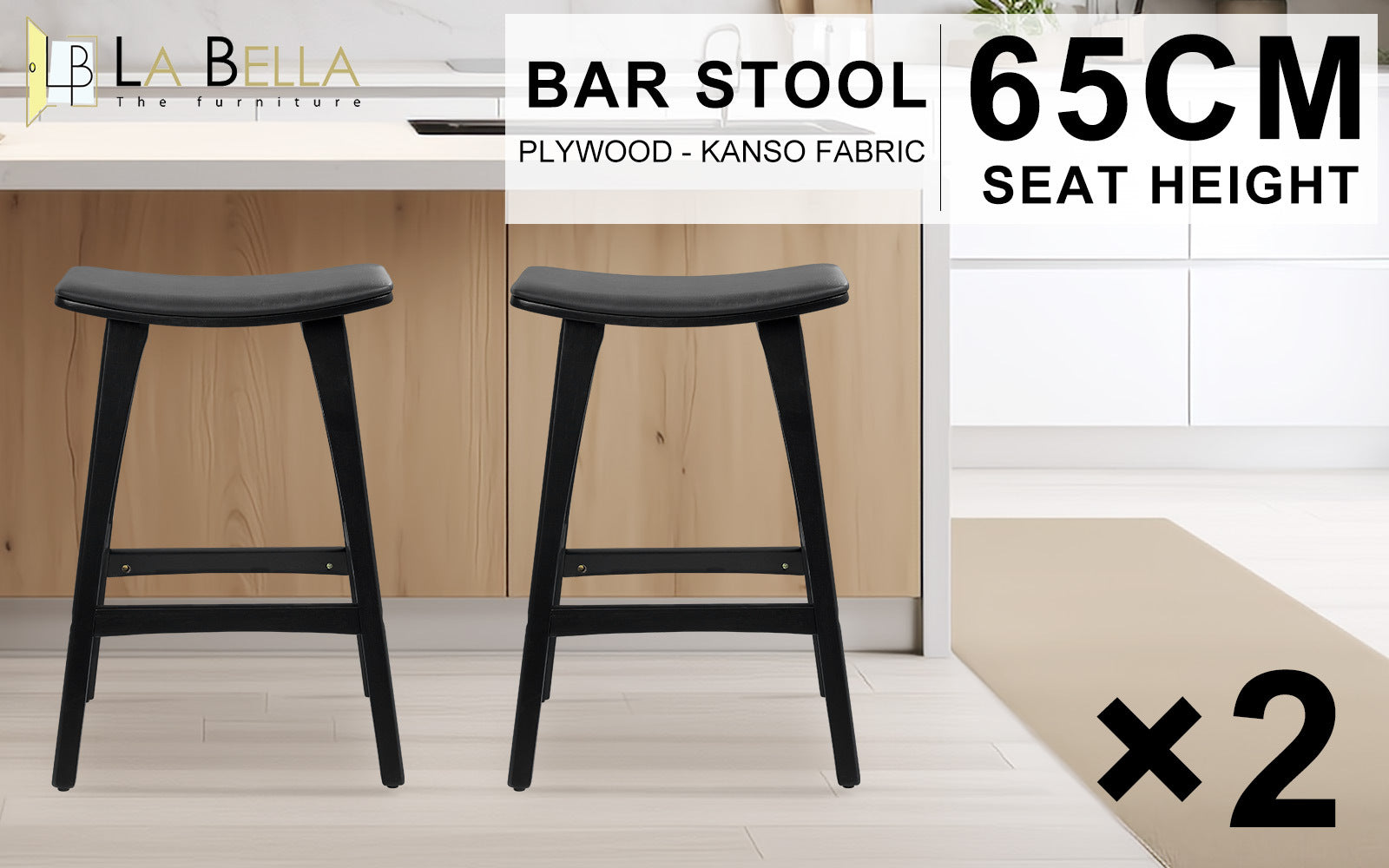 Table & Bar Stools: 2X Wooden Bar Stool Padded PU Leather Dining Chair KANSO 65cm BLACK