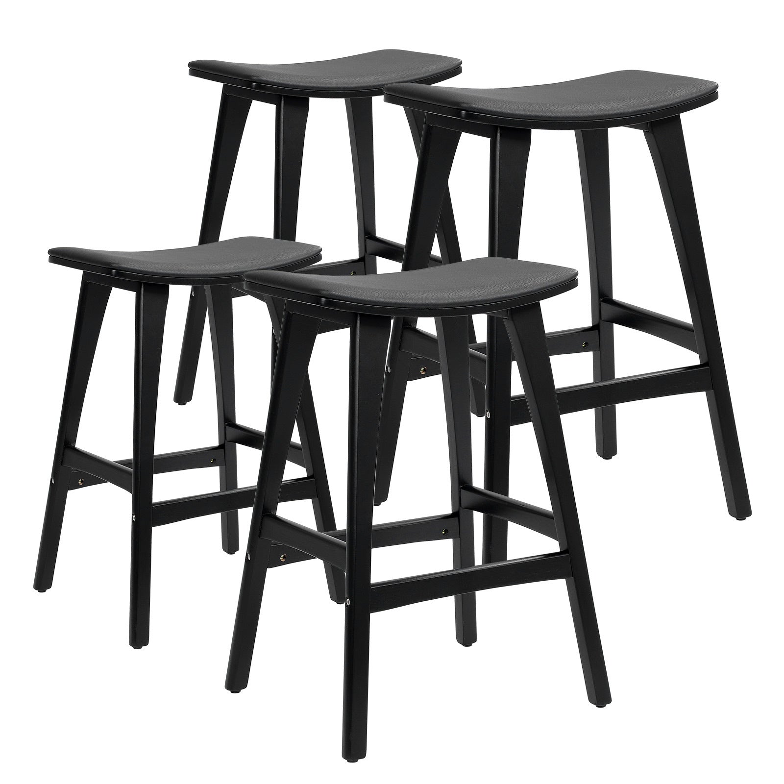 Table & Bar Stools: 4X Wooden Bar Stool Padded PU Leather Dining Chair KANSO 65cm BLACK