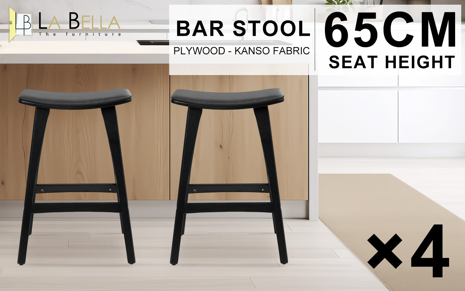 Table & Bar Stools: 4X Wooden Bar Stool Padded PU Leather Dining Chair KANSO 65cm BLACK