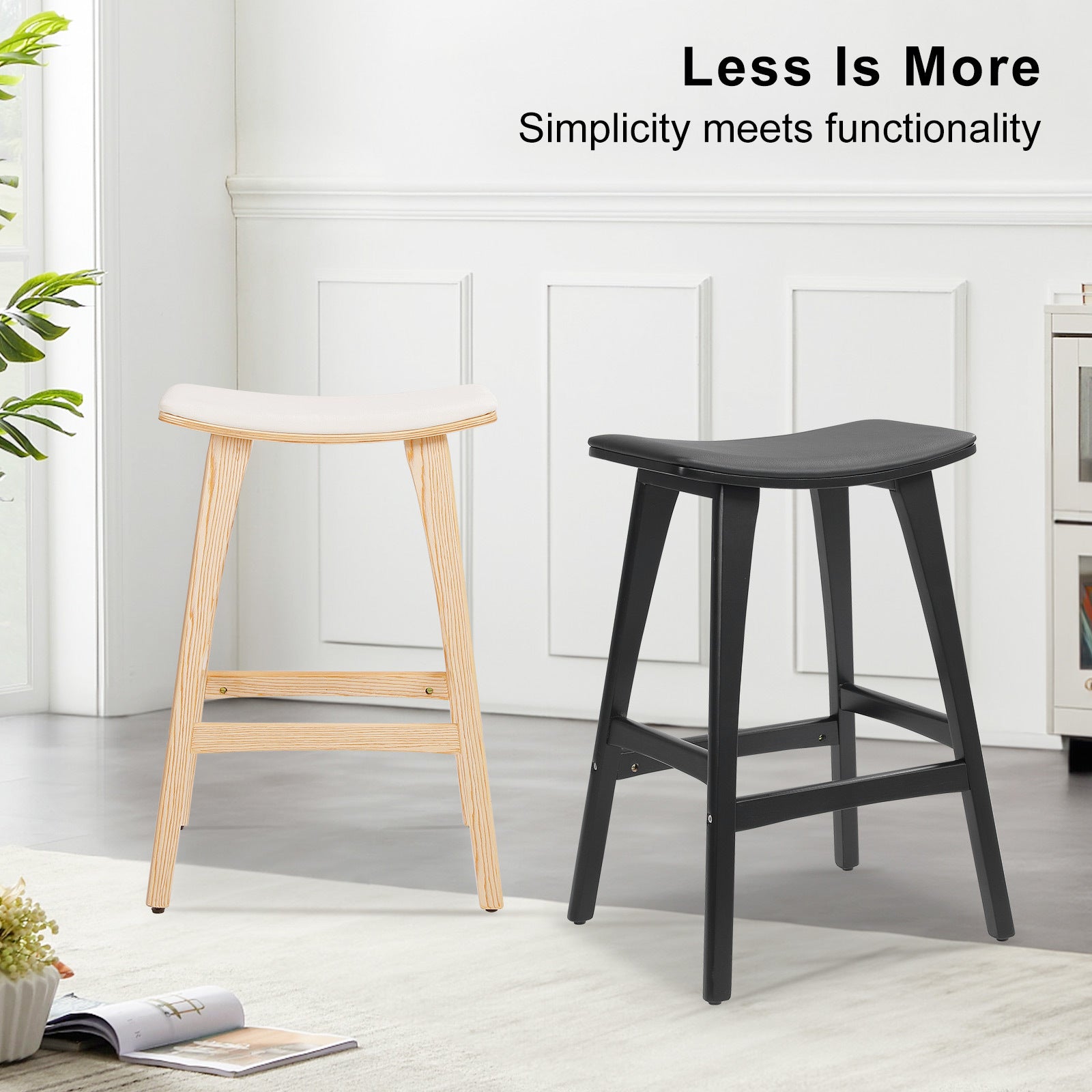 Table & Bar Stools: 4X Wooden Bar Stool Padded PU Leather Dining Chair KANSO 65cm BLACK