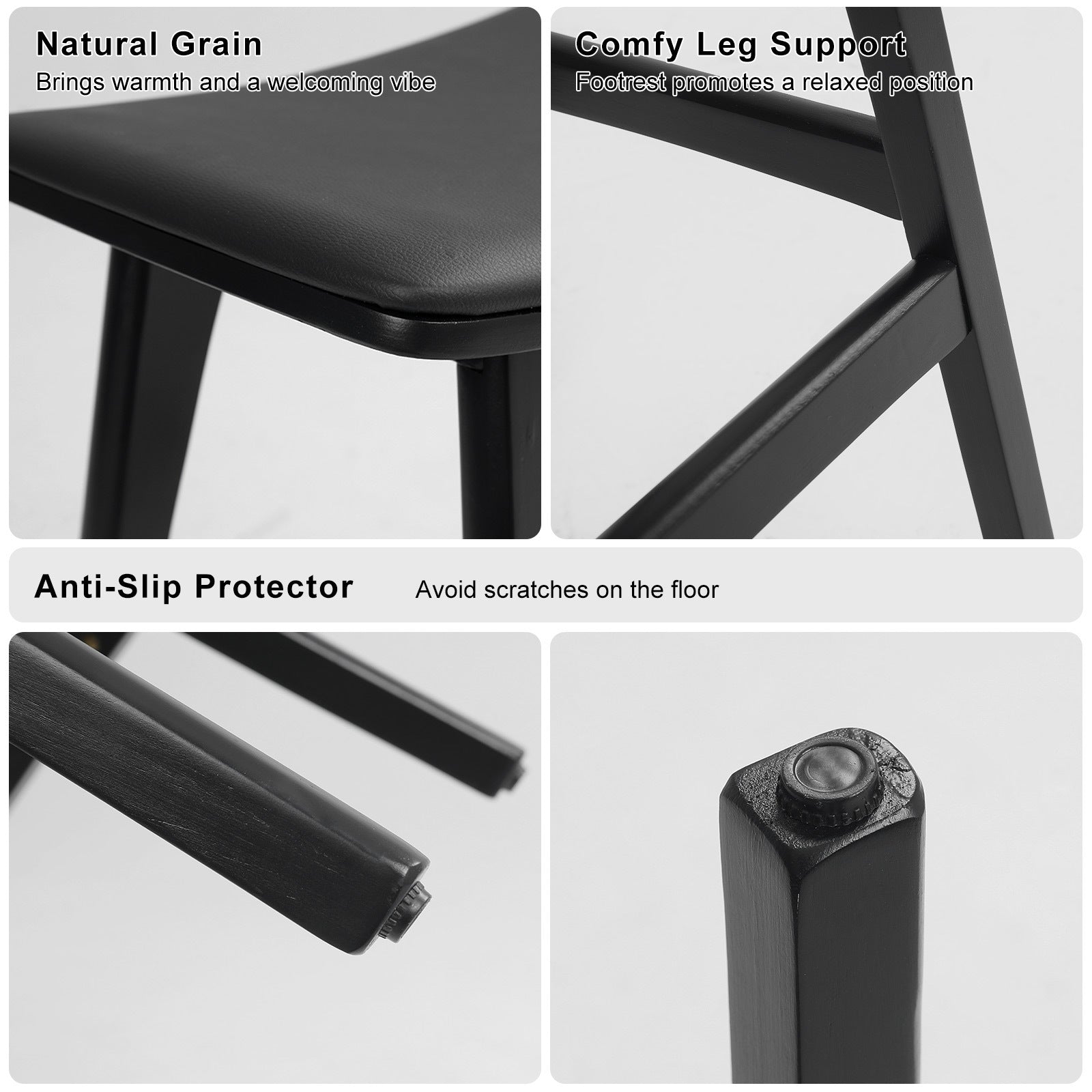 Table & Bar Stools: 4X Wooden Bar Stool Padded PU Leather Dining Chair KANSO 65cm BLACK