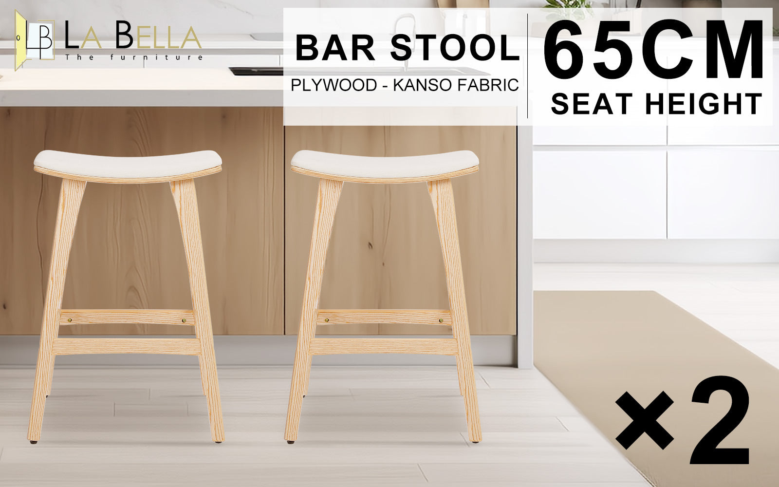Table & Bar Stools: 2X Wooden Bar Stool Padded Fabric Dining Chair KANSO 65cm BEIGE