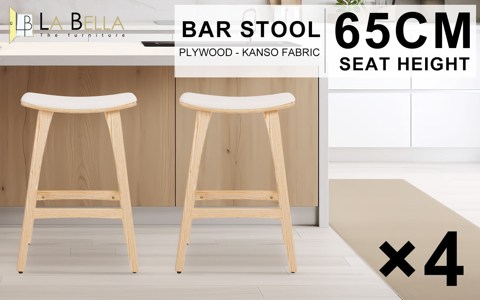 Table & Bar Stools: 4X Wooden Bar Stool Padded Fabric Dining Chair KANSO 65cm BEIGE