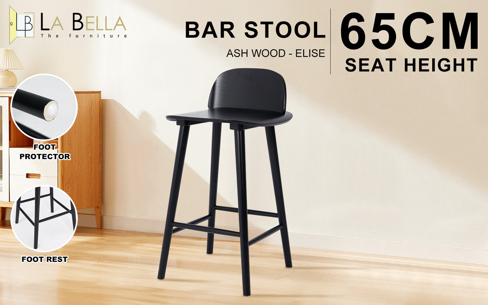 Table & Bar Stools: Wooden Bar Stool Dining Chair Ash Wood ELISE 65cm BLACK
