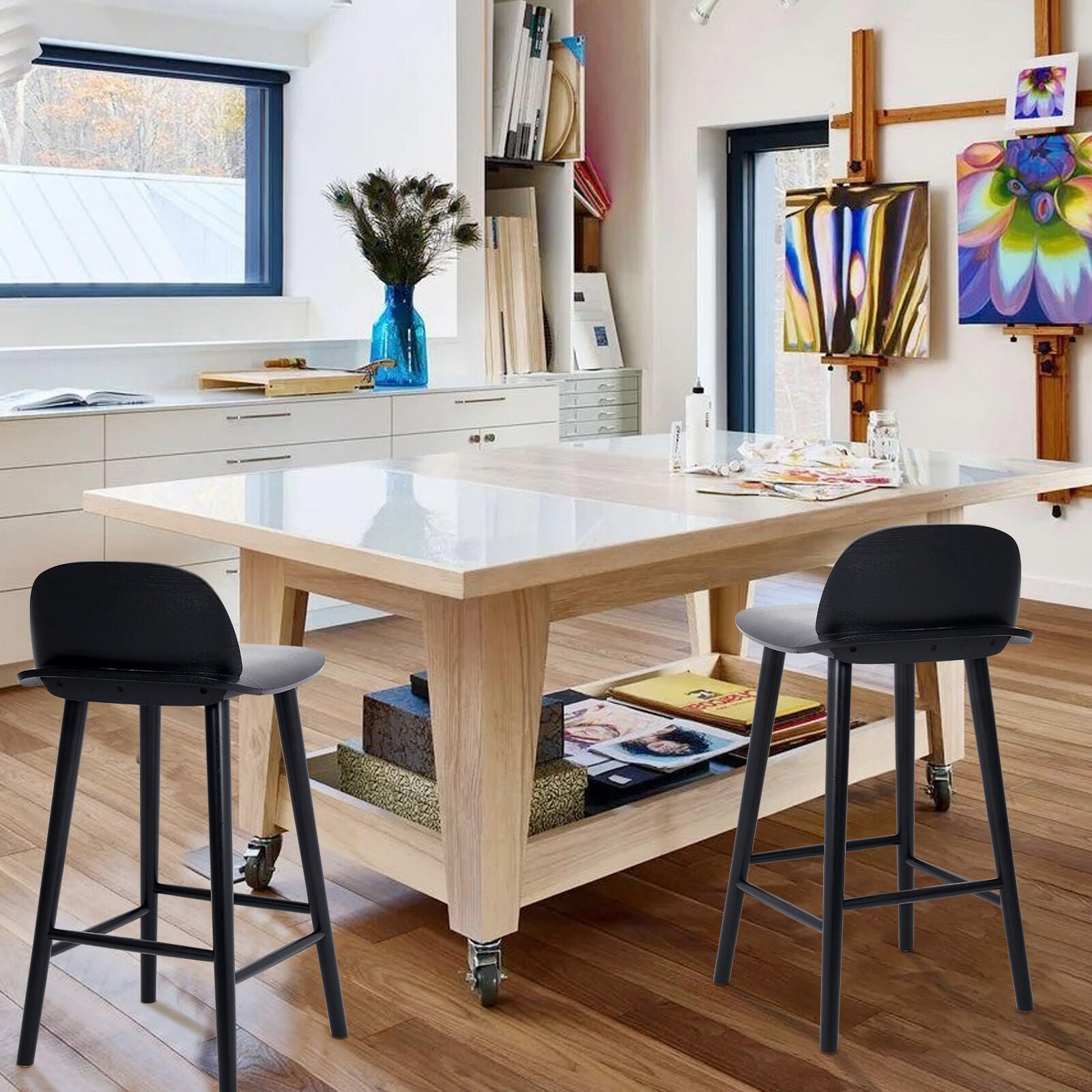 Table & Bar Stools: Wooden Bar Stool Dining Chair Ash Wood ELISE 65cm BLACK