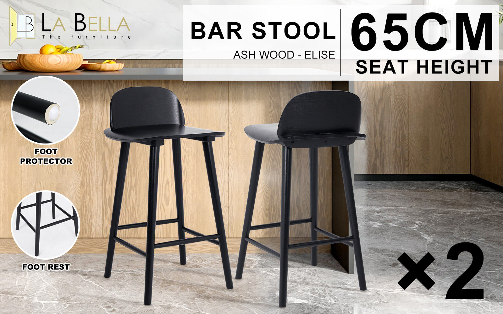 Table & Bar Stools: 2X Wooden Bar Stool Dining Chair Ash Wood ELISE 65cm BLACK