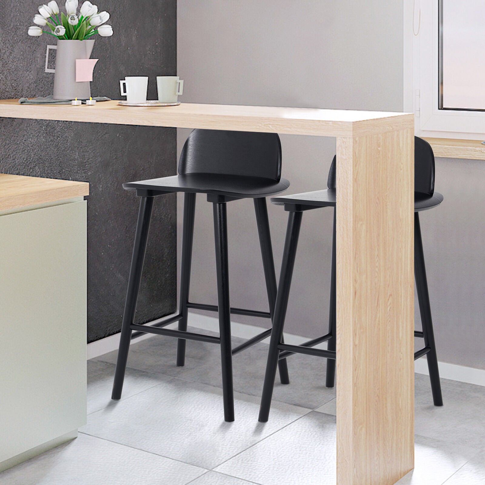 Table & Bar Stools: 2X Wooden Bar Stool Dining Chair Ash Wood ELISE 65cm BLACK
