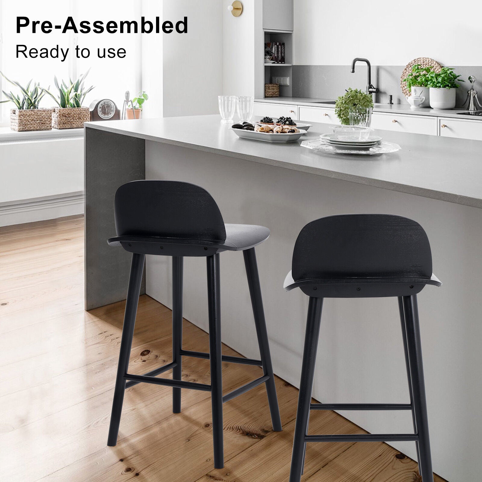 Table & Bar Stools: 2X Wooden Bar Stool Dining Chair Ash Wood ELISE 65cm BLACK