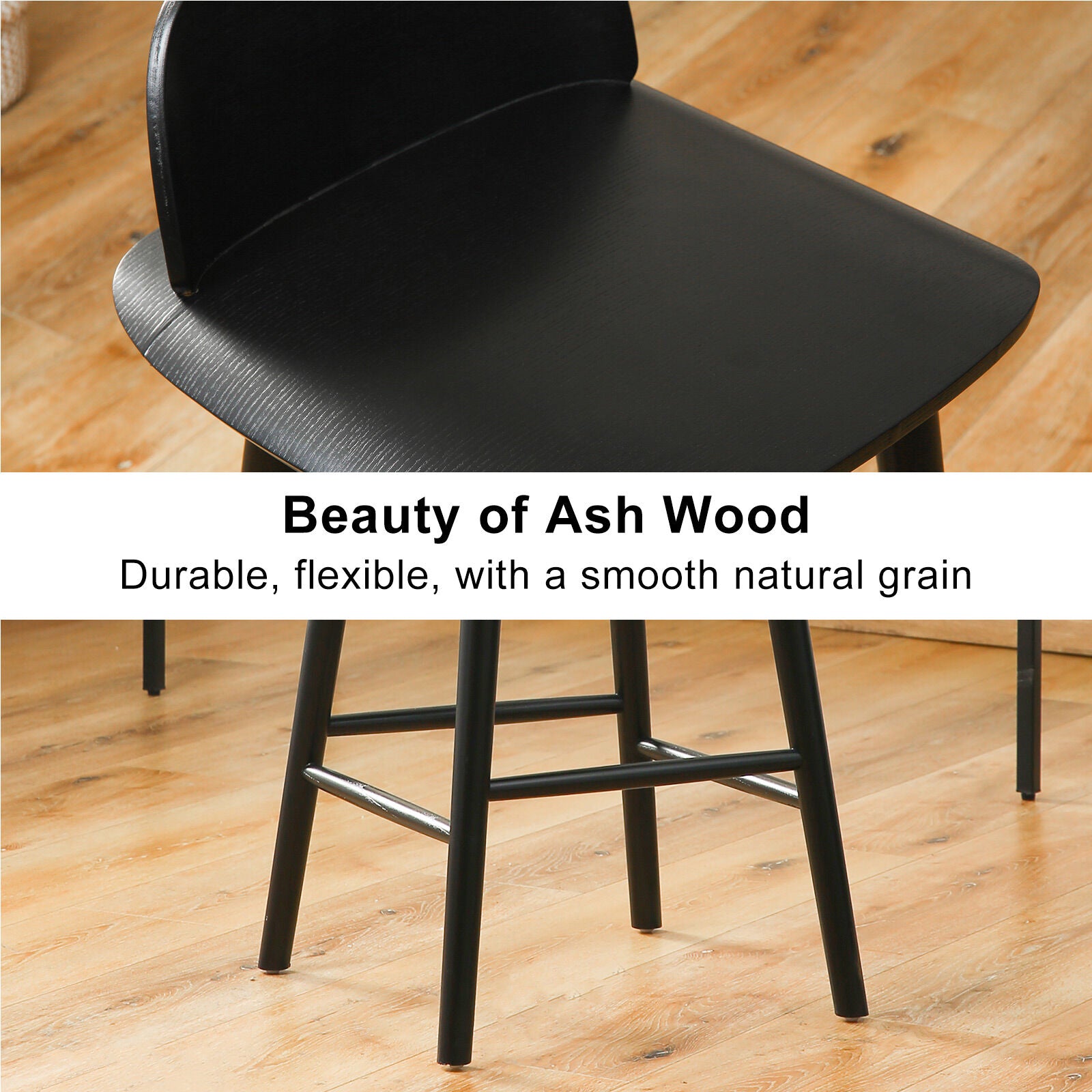 Table & Bar Stools: 2X Wooden Bar Stool Dining Chair Ash Wood ELISE 65cm BLACK