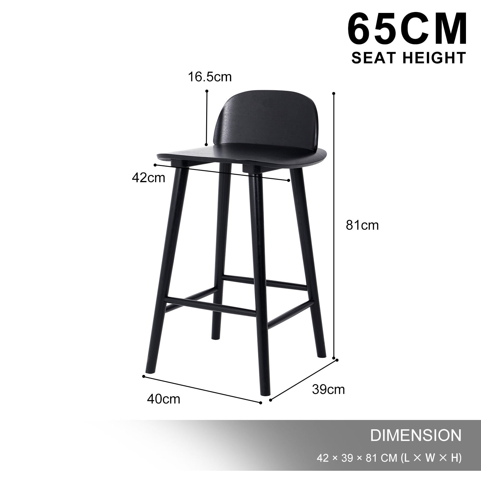 Table & Bar Stools: 2X Wooden Bar Stool Dining Chair Ash Wood ELISE 65cm BLACK