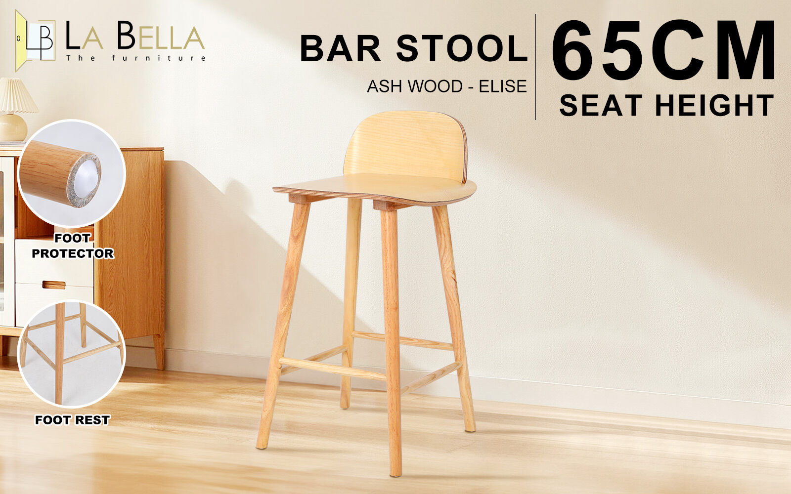 Table & Bar Stools: Wooden Bar Stool Dining Chair Ash Wood ELISE 65cm