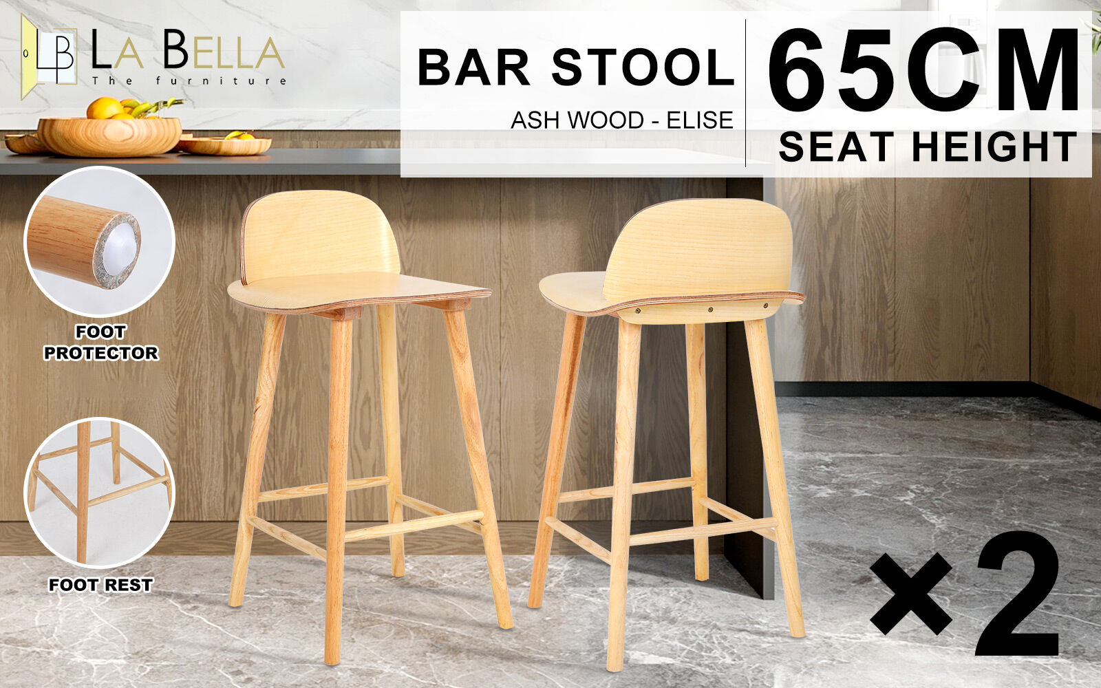 Table & Bar Stools: 2X Wooden Bar Stool Dining Chair Ash Wood ELISE 65cm