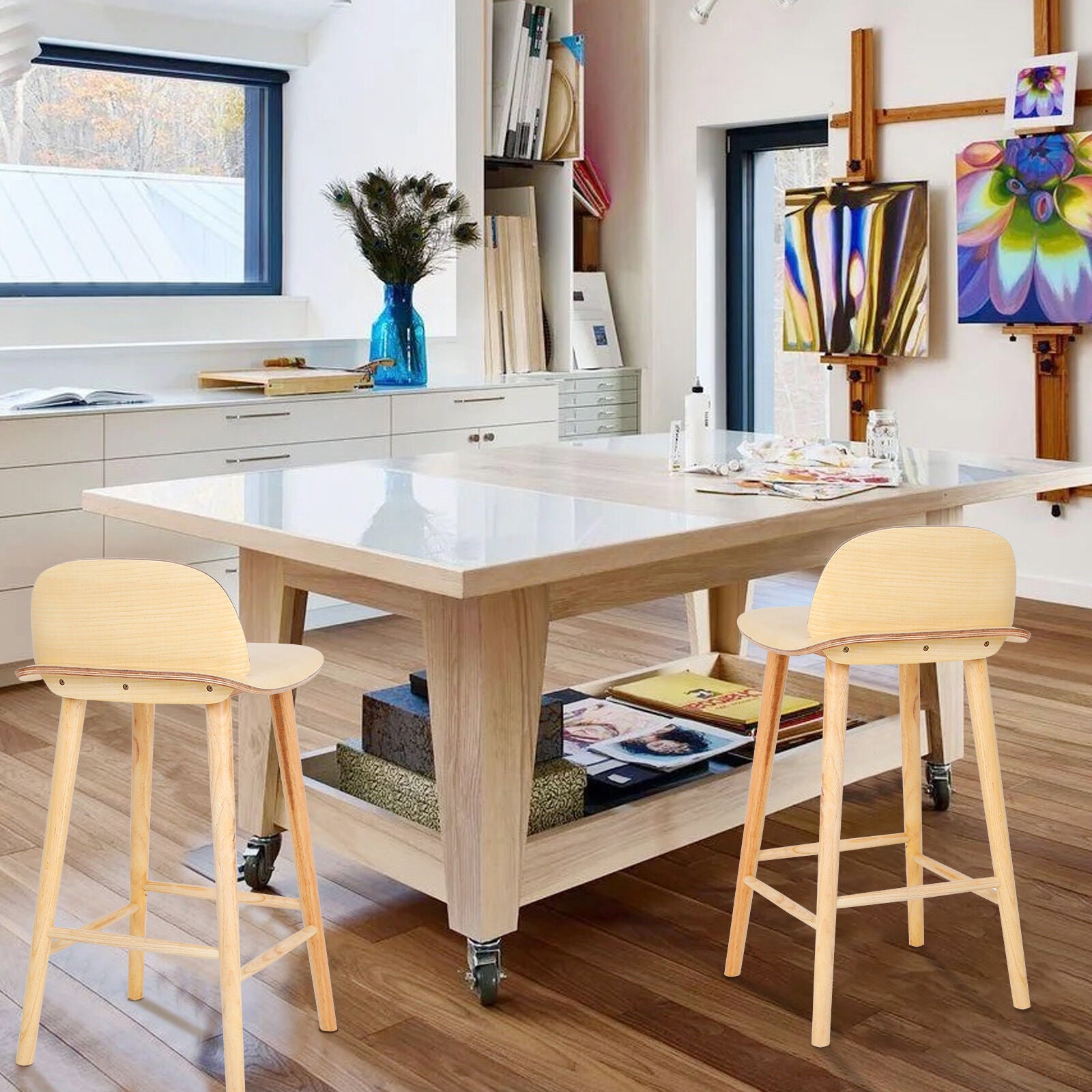 Table & Bar Stools: 2X Wooden Bar Stool Dining Chair Ash Wood ELISE 65cm