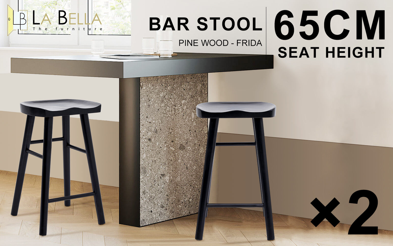 Table & Bar Stools: 2X Wooden Bar Stool Dining Chair Pine Wood FRIDA 65cm BLACK