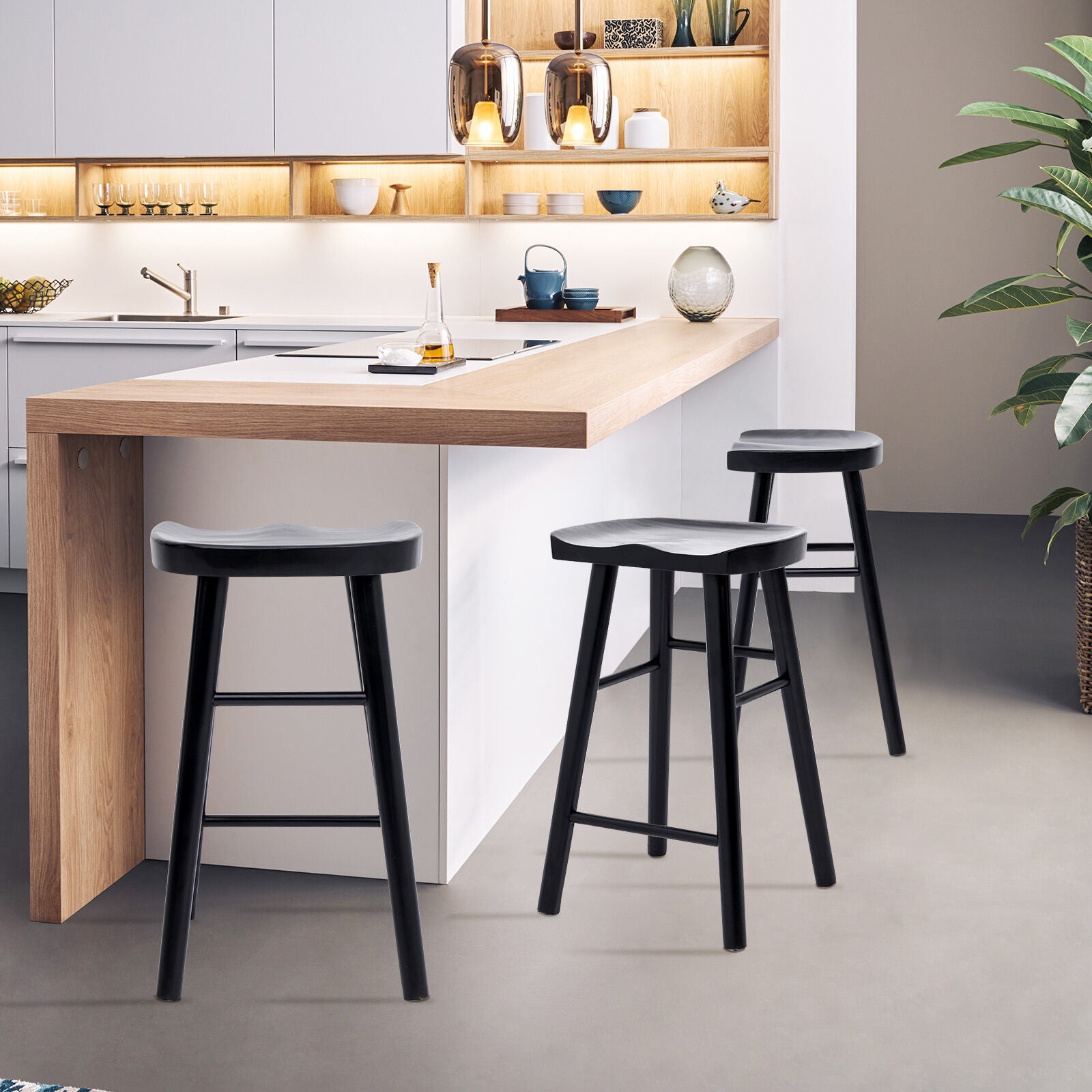 Table & Bar Stools: 2X Wooden Bar Stool Dining Chair Pine Wood FRIDA 65cm BLACK