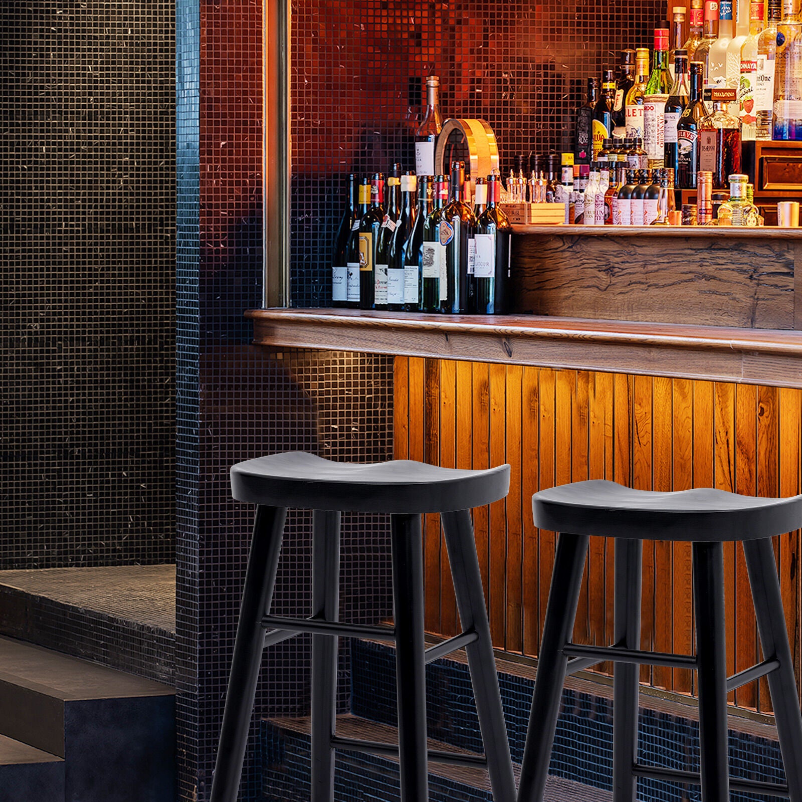 Table & Bar Stools: 2X Wooden Bar Stool Dining Chair Pine Wood FRIDA 65cm BLACK