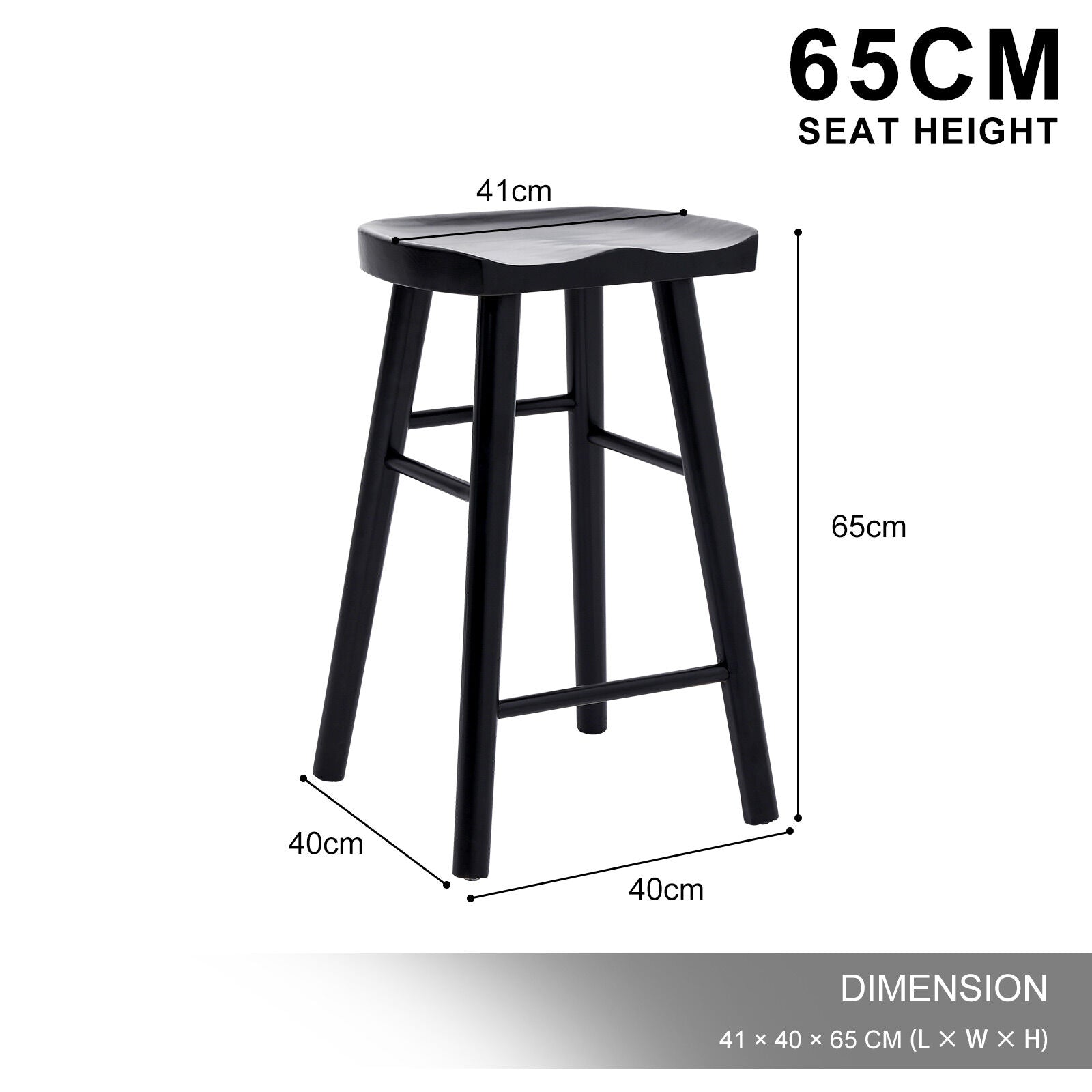 Table & Bar Stools: 2X Wooden Bar Stool Dining Chair Pine Wood FRIDA 65cm BLACK